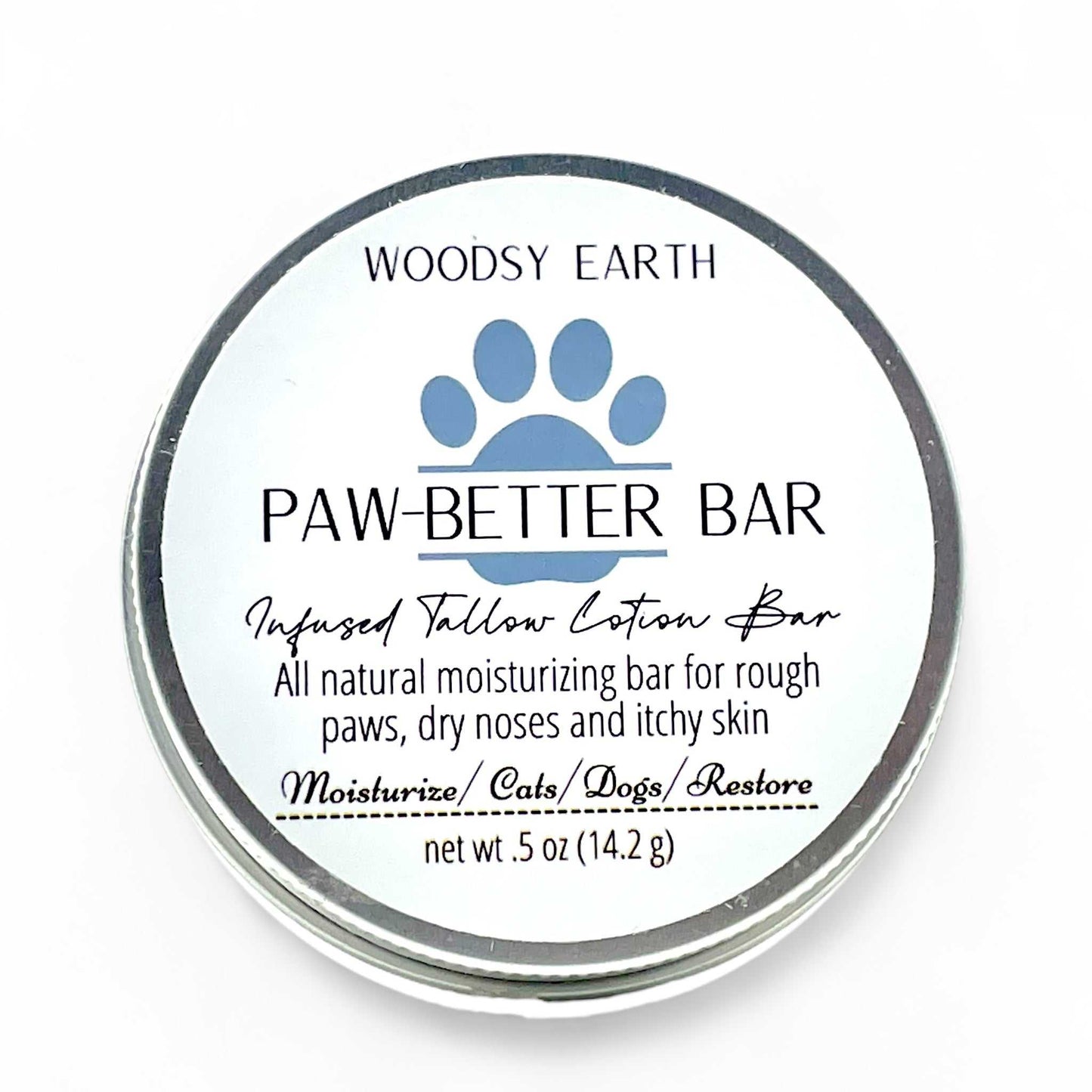 Woodsy Earth Paw Better Bar in tin container, natural moisturizing paw balm for dogs and cats with dry paws and noses.