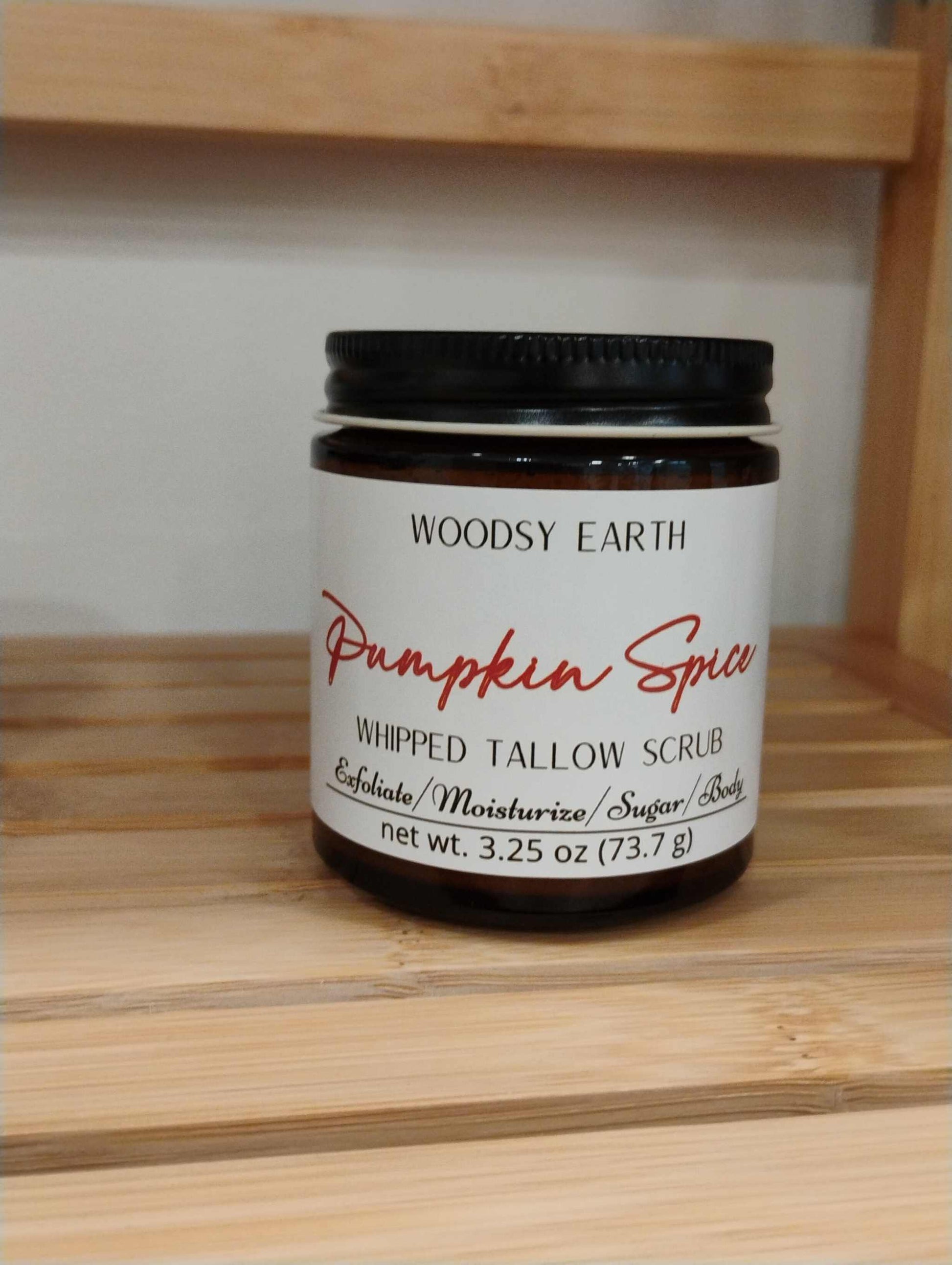 Pumpkin Spice Tallow Sugar Scrub in a jar, natural exfoliant with raw sugar cane and avocado oil for moisturizing autumn skincare
