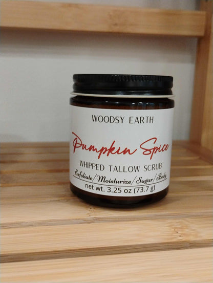Pumpkin Spice Tallow Sugar Scrub in a jar, natural exfoliant with raw sugar cane and avocado oil for moisturizing autumn skincare