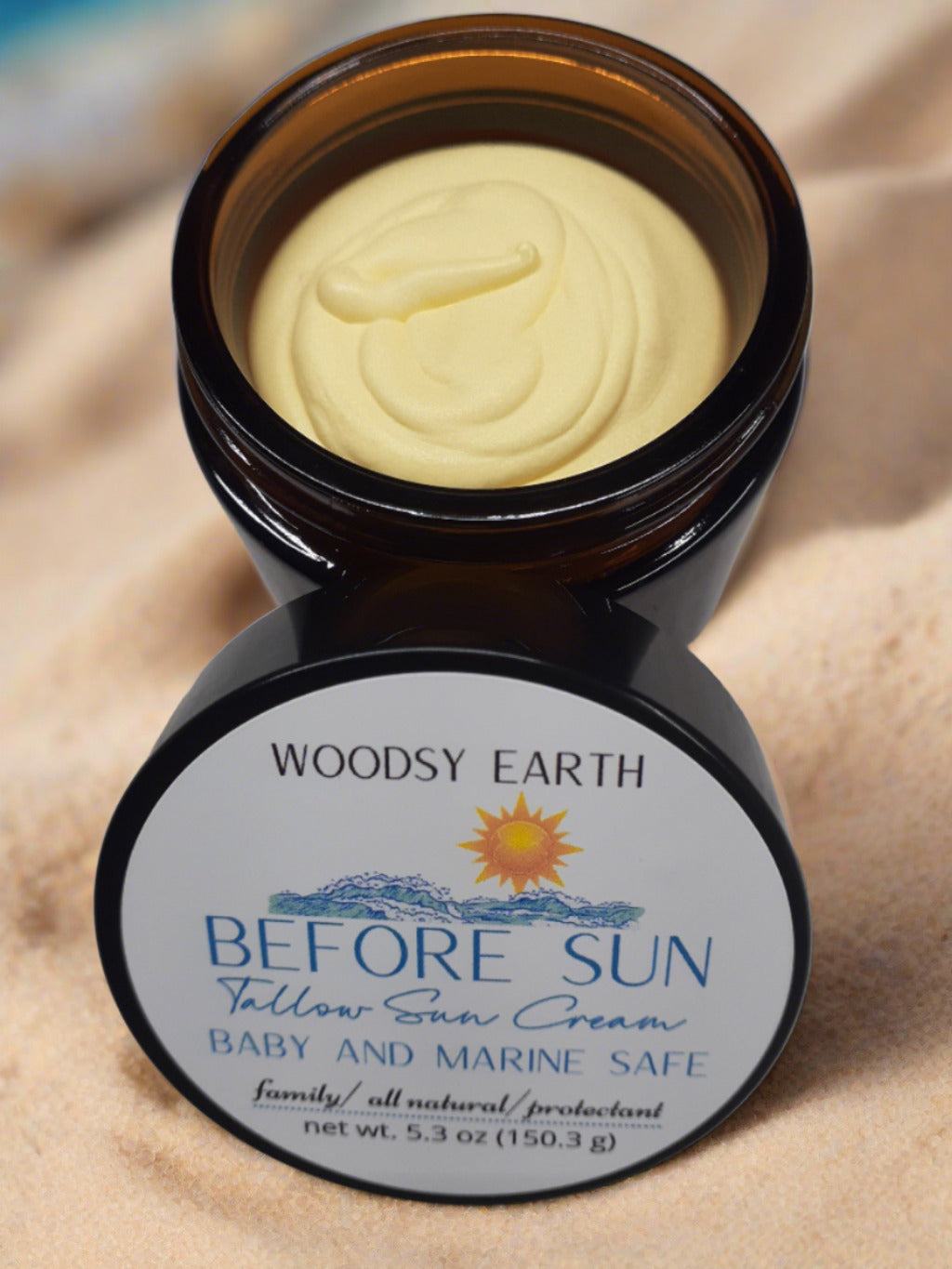 Natural tallow skin cream in amber glass jar with non-nano zinc oxide for sun protection.