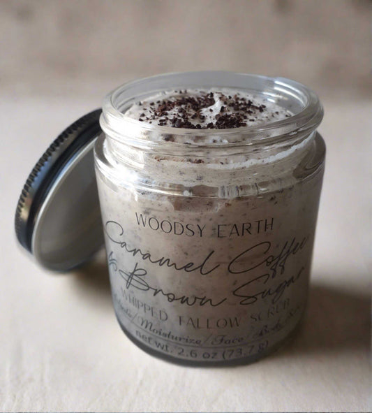 Coffee and Brown Sugar Scrub in a jar with lid, featuring natural ingredients for glowing skin care.