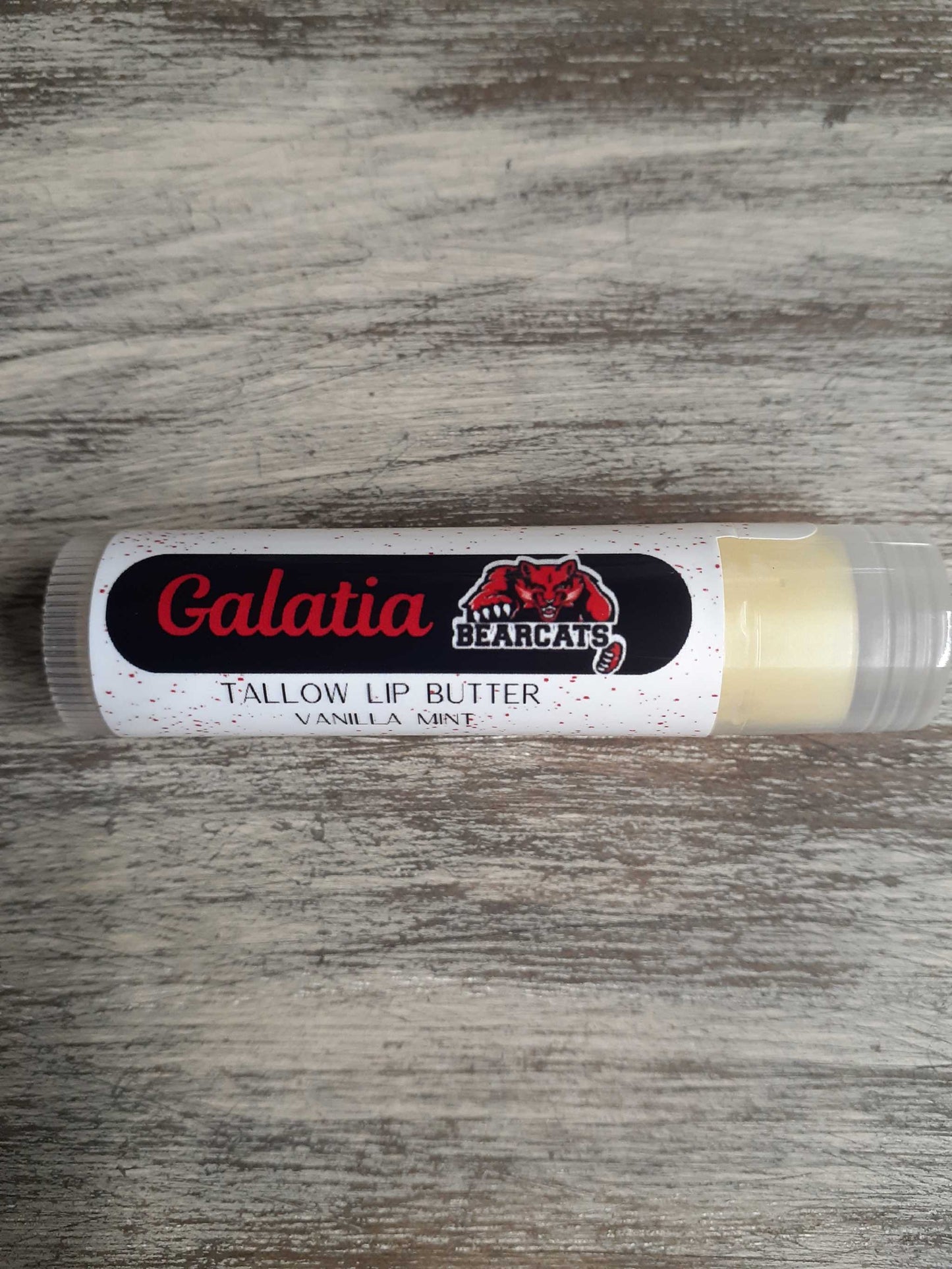Lip Butter with Vanilla Mint scent for school spirit support.