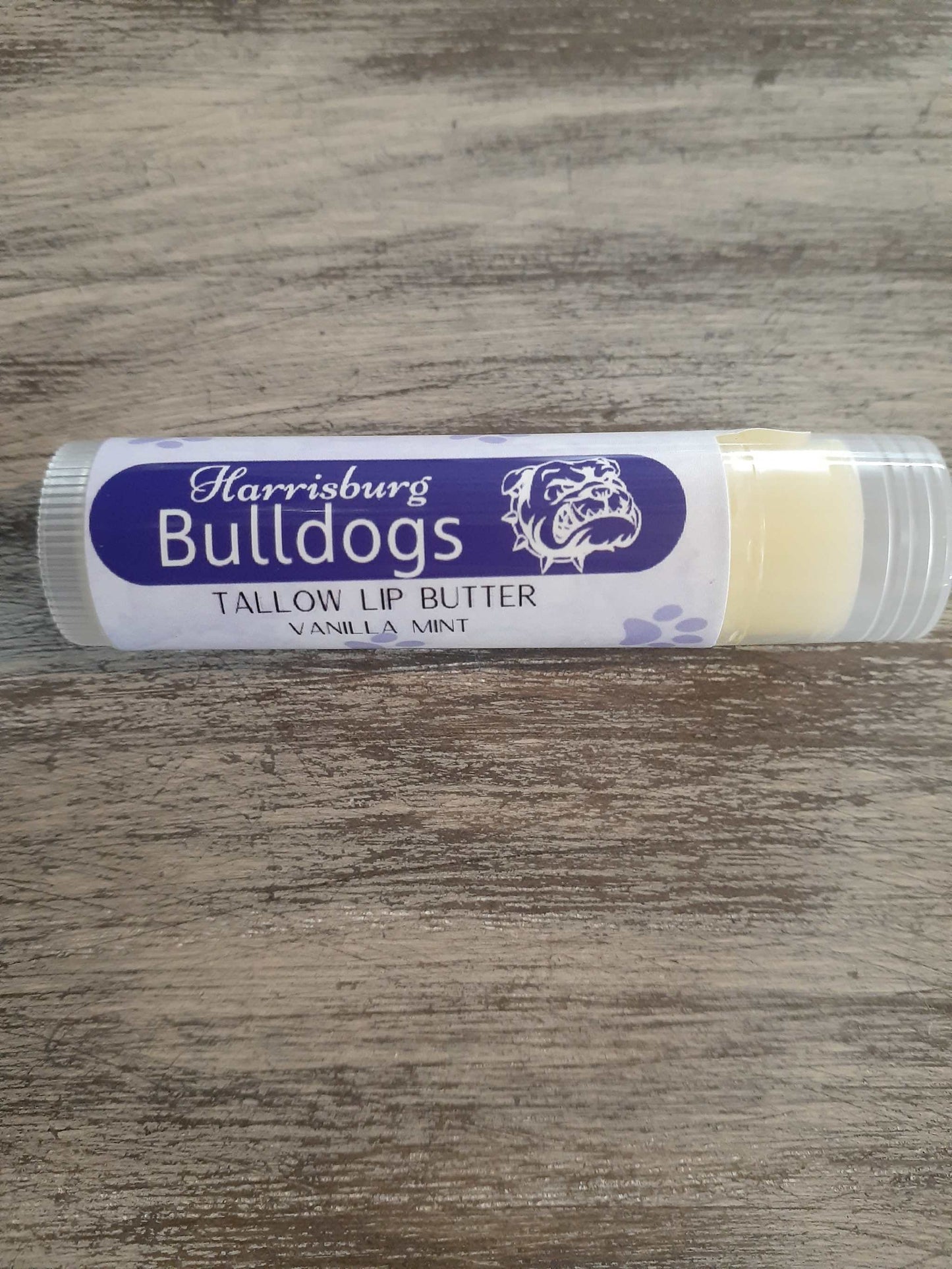 Vanilla mint lip butter with "Bulldogs" team label.