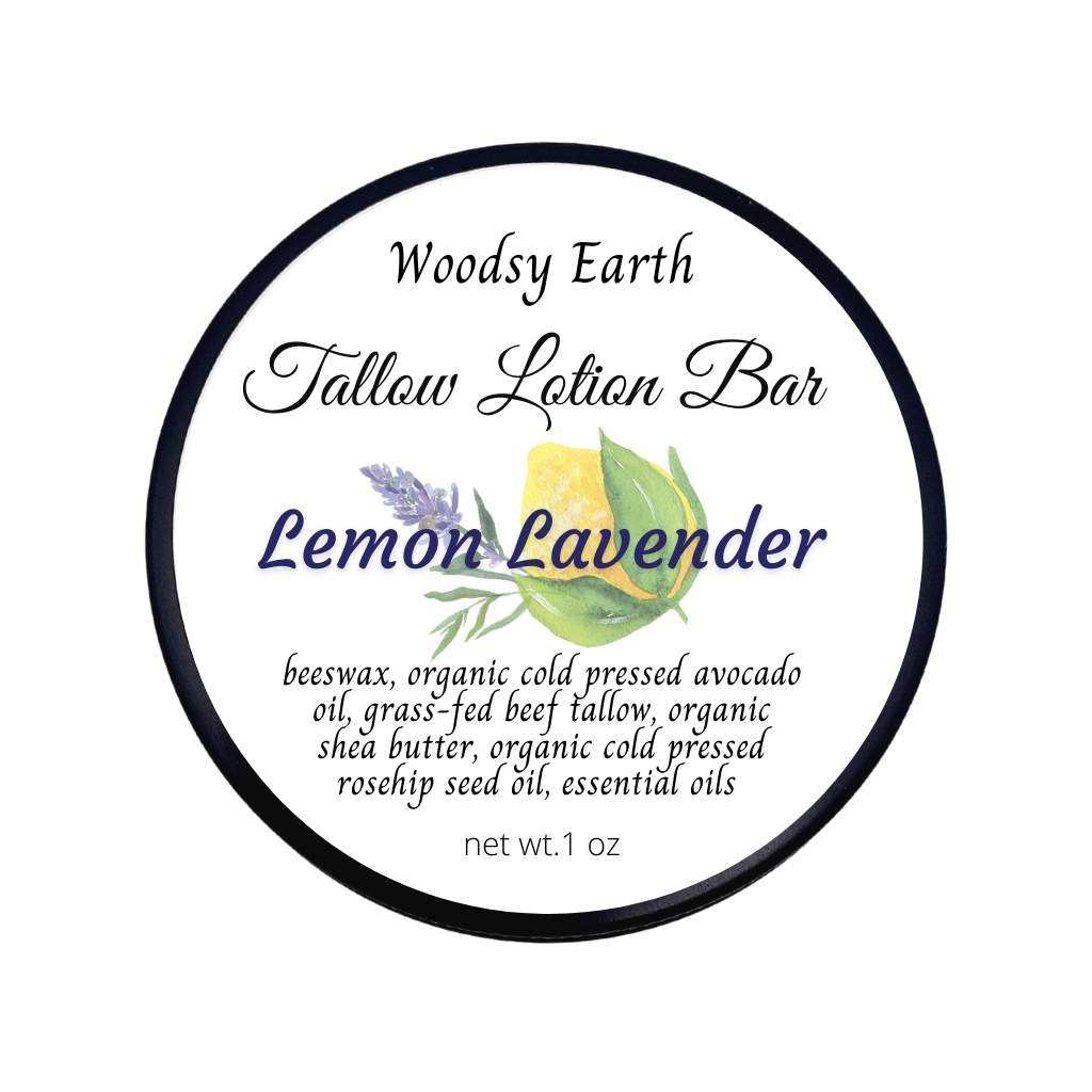 Lemon Lavender Tallow Lotion Bar tin packaging with natural ingredients list.