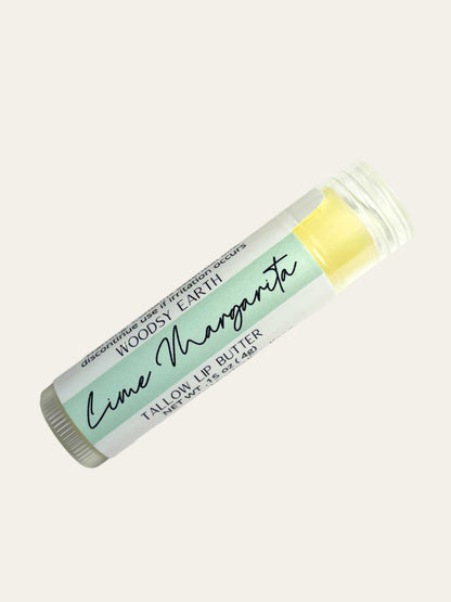 Lime Margarita Tallow Lip Butter tube showing product label and yellow balm.