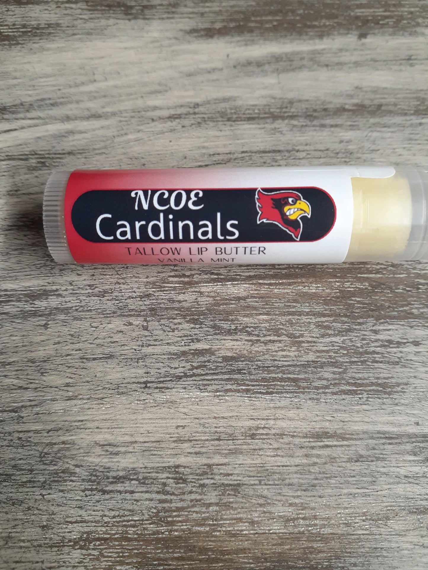 Lip Butter - Show your school spirit, vanilla mint scent, customized for NCOE Cardinals.