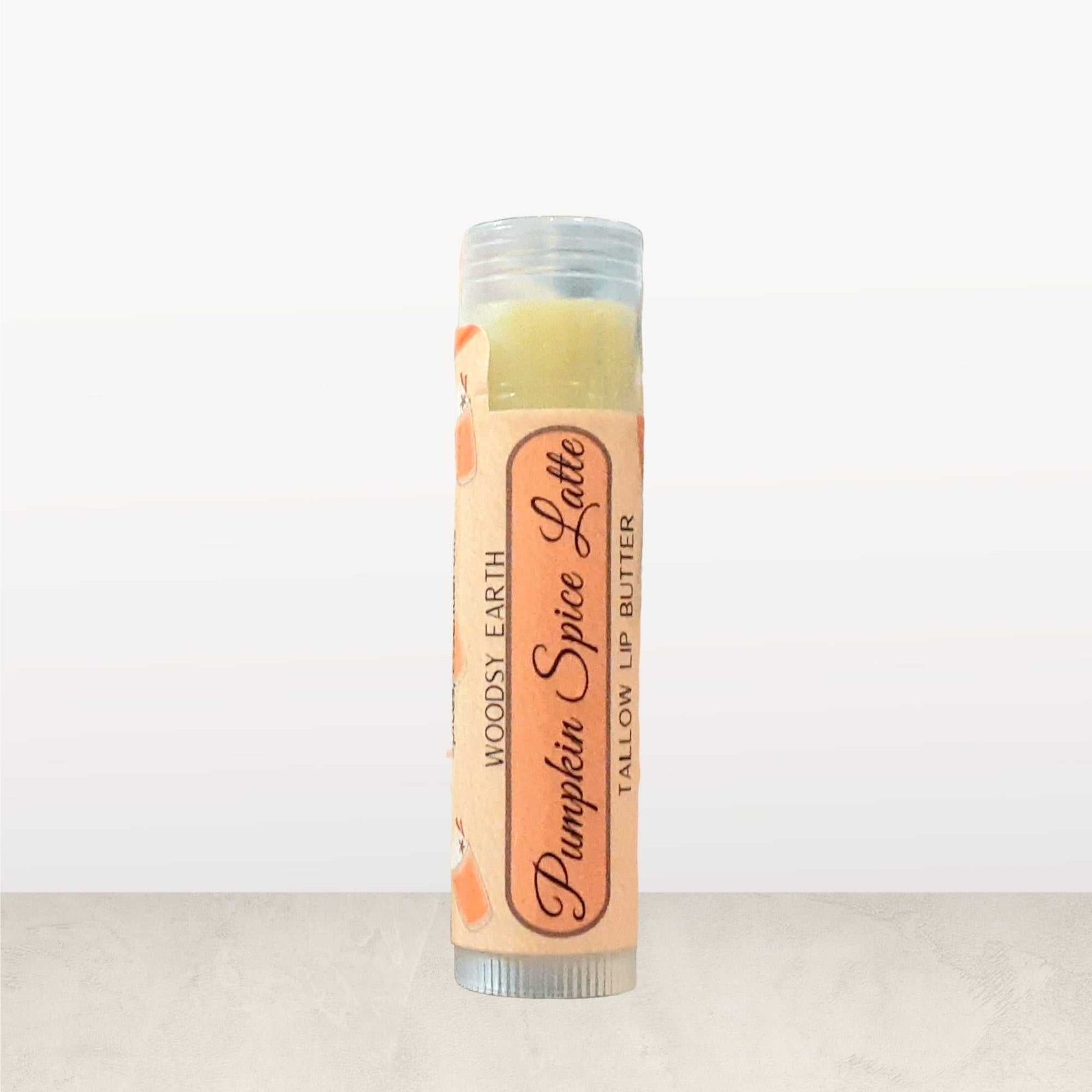 Pumpkin Spice Latte Tallow Lip Butter tube, fall-inspired lip balm made with grass-fed beef tallow, natural oils, and warm pumpkin spice scent.