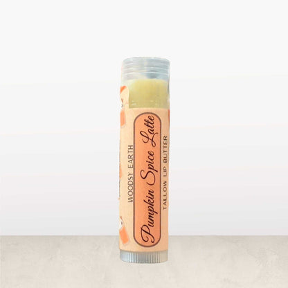 Pumpkin Spice Latte Tallow Lip Butter tube, fall-inspired lip balm made with grass-fed beef tallow, natural oils, and warm pumpkin spice scent.